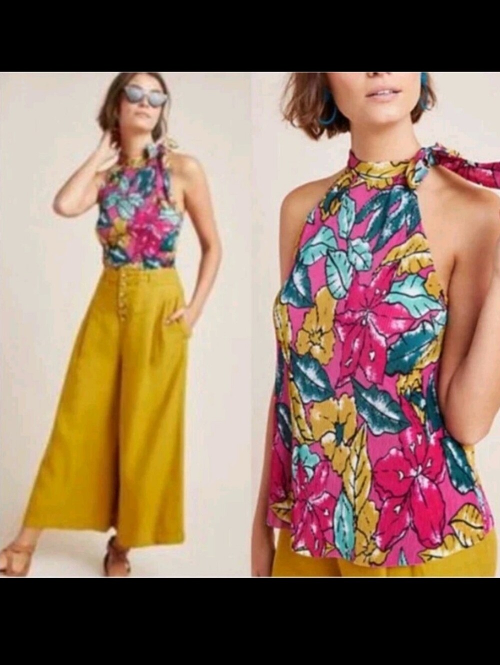 Anthropologie Pink Floral Halter Camisole with Pink Yellow & Teal Accents